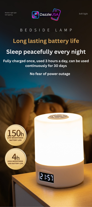 Nightlight Bedroom Sleep Lamp – USB Rechargeable LED Table Lamp with Clock & Touch Control | DazzleUSA