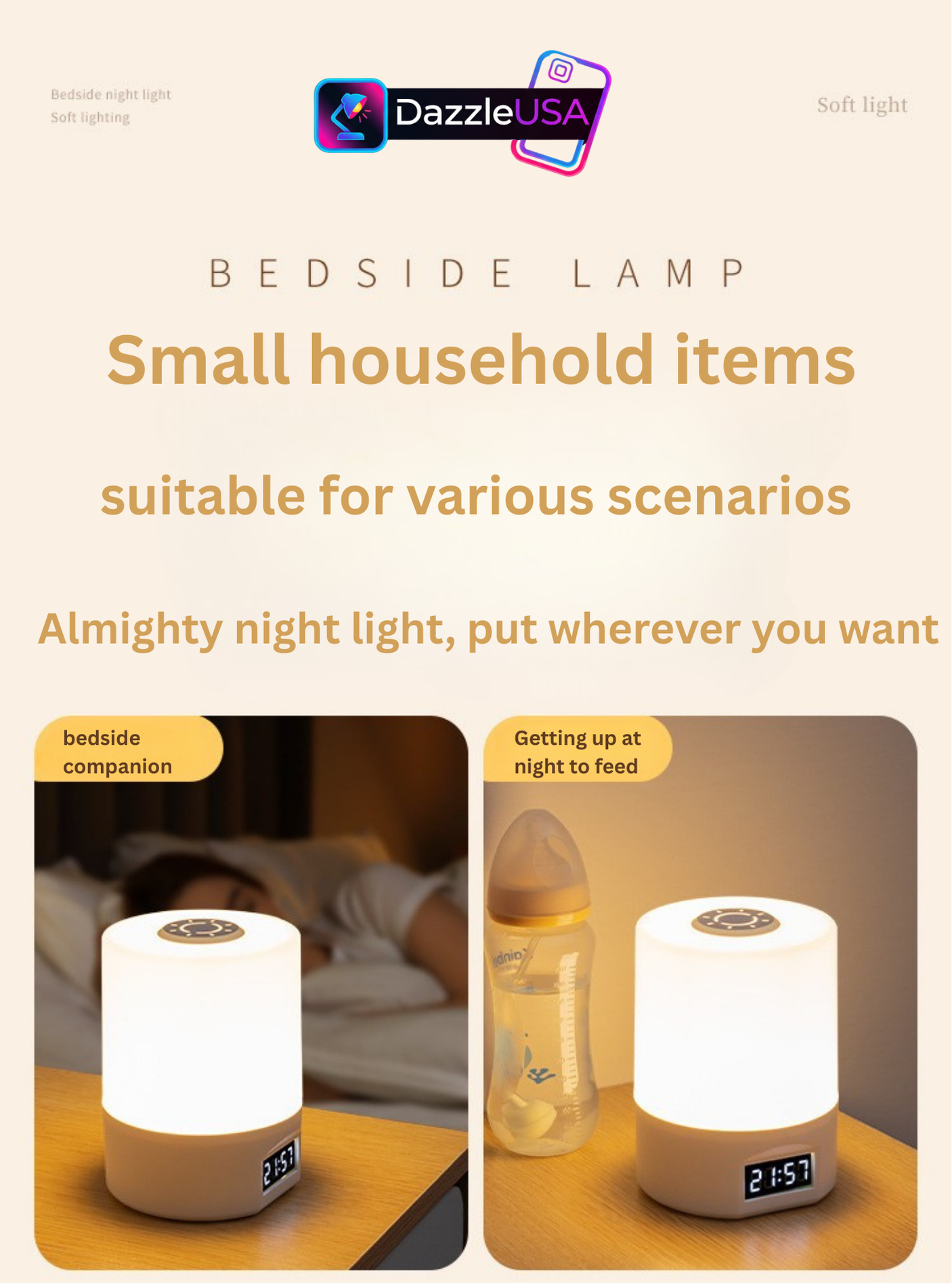Nightlight Bedroom Sleep Lamp – USB Rechargeable LED Table Lamp with Clock & Touch Control | DazzleUSA