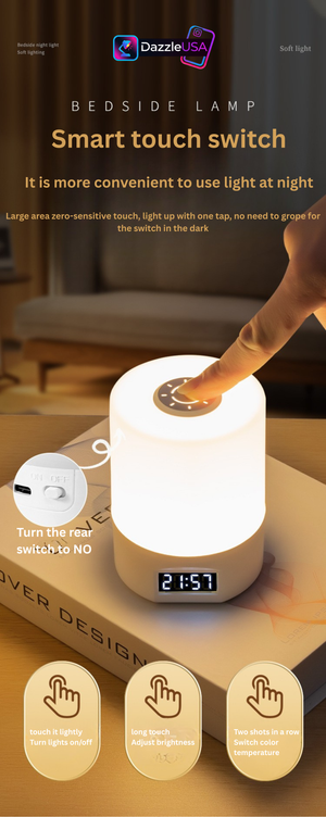 Nightlight Bedroom Sleep Lamp – USB Rechargeable LED Table Lamp with Clock & Touch Control | DazzleUSA