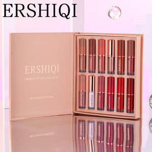 ErshiQi 12 color book lip gloss set Matte Pearlescent non-stick Cup lip glaze lipstick