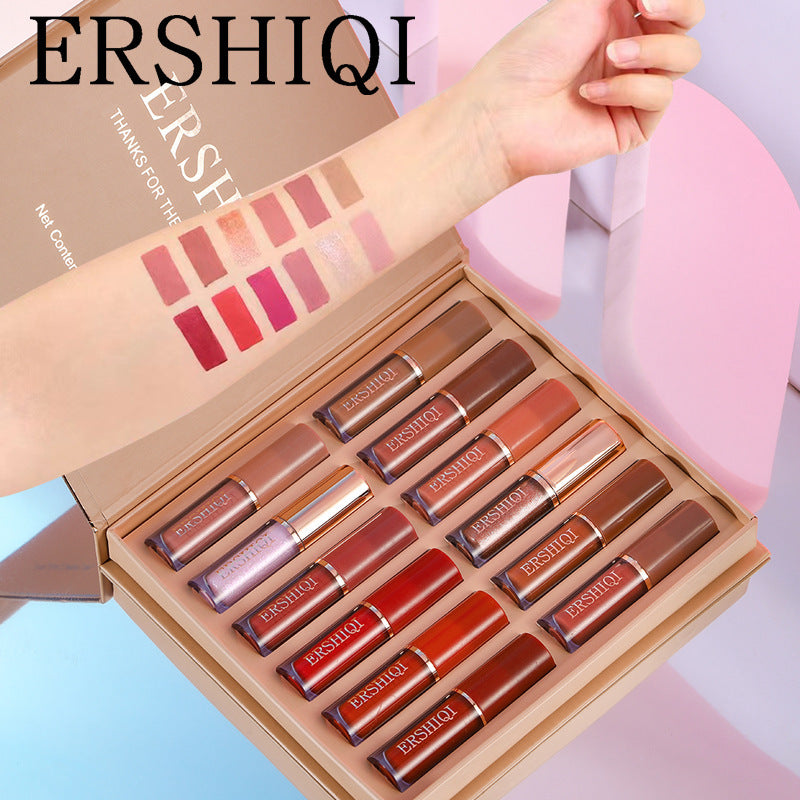ErshiQi 12 color book lip gloss set Matte Pearlescent non-stick Cup lip glaze lipstick